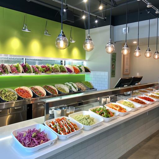 It sells tacos, burritos, and salads. It is structured so that customers can choose each filling while watching the showcase, and the whole is composed of to-go. The background color of the store is white and green, with bright light bulbs. it looks bright.