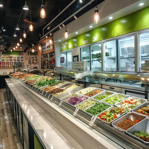 It sells tacos, burritos, and salads. It is structured so that customers can choose each filling while watching the showcase, and the whole is composed of to-go. The background color of the store is white and green, with bright light bulbs. it looks bright.