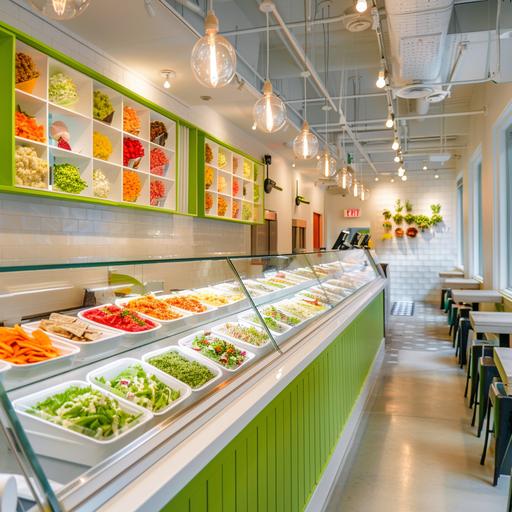 It sells tacos, burritos, and salads. It is structured so that customers can choose each filling while watching the showcase, and the whole is composed of to-go. The background color of the store is white and green, with bright light bulbs. it looks bright.