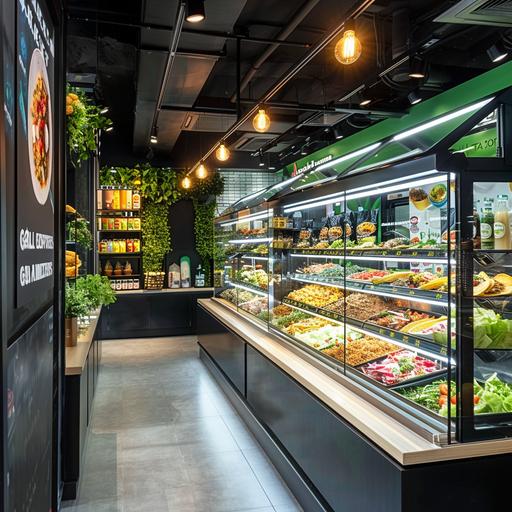 It sells tacos, burritos, and salads. It is structured so that customers can choose each filling while watching the showcase, and the whole is composed of to-go. The background color of the store is white and green, with bright light bulbs. it looks bright.