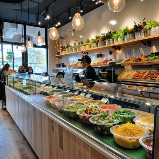 It sells tacos, burritos, and salads. It is structured so that customers can choose each filling while watching the showcase, and the whole is composed of to-go. The background color of the store is white and green, with bright light bulbs. it looks bright.