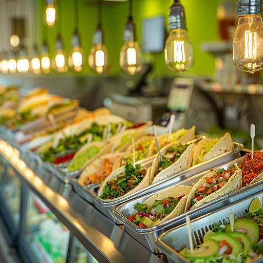 It sells tacos, burritos, and salads. It is structured so that customers can choose each filling while watching the showcase, and the whole is composed of to-go. The background color of the store is white and green, with bright light bulbs. it looks bright.