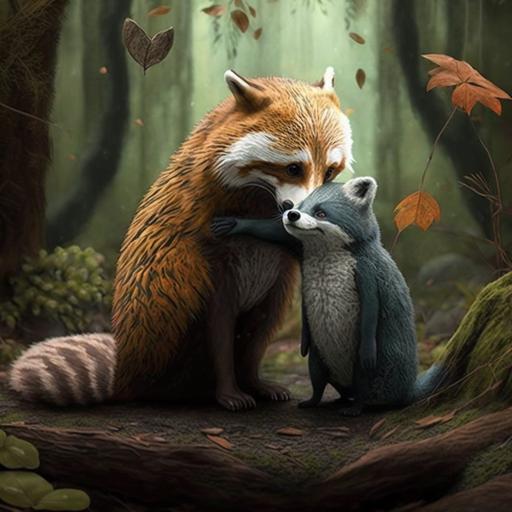 It shows a crying sad fox talking to a raccoon putting its paw into the sad fox's shoulder in an enchanted forest