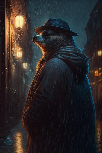 It was a dark wet night, the sloth detective illuminated only by the neon sign of the back alley nightclub, reflections on the wet cobblestone shimmered, rain drizzled, drops dripping off the brim of his hat. Moody. Hyper realism. Cinematic lighting. --ar 2:3 --v 4