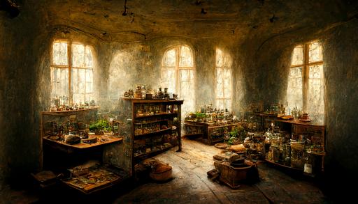 It was a stone room that smelled of dust and mold. Shelves were placed on the walls, containing grass and nuts that were supposed to be ingredients for magic potions. In the center of the room was a workbench, the only place that was clean and tidy.,realistic, nikon --ar 16:9