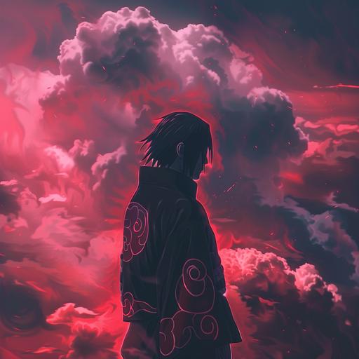 Itachi with akatsuki cloud background, warrior