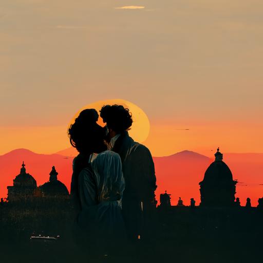 Italian landscape, vintage, Rome, sunset, lovers silhouettes, kiss, 8k,hyperrealistic, 1800 d.c.