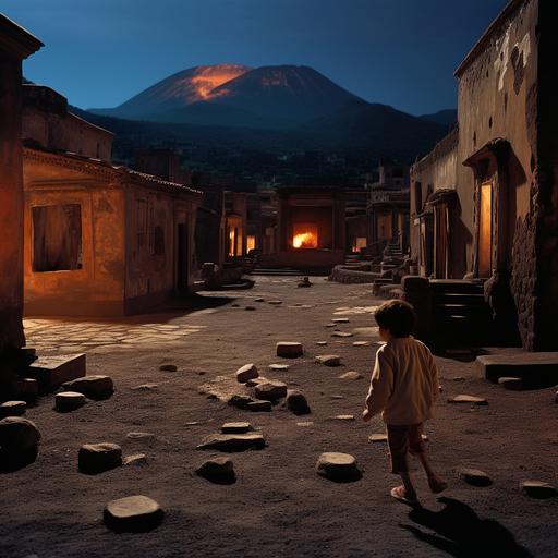It’s night. A volcano is erupting in the background with a red light. In the foreground a little boy is playing with a ball in a stone street of the destroyed city of Pompei. On the right In the villas the opaque light of the rooms barely penetrates through the small alabaster slabs, illuminated by a few lamps that allow us to discover the mysterious myths and faces of the ancient Latins. hyperealistic picture