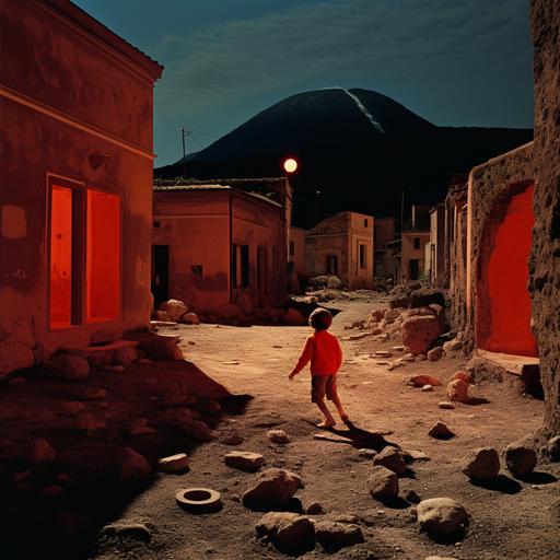 It’s night. A volcano is erupting in the background with a red light. In the foreground a little boy is playing with a ball in a stone street of the destroyed city of Pompei. On the right In the villas the opaque light of the rooms barely penetrates through the small alabaster slabs, illuminated by a few lamps that allow us to discover the mysterious myths and faces of the ancient Latins. hyperealistic picture