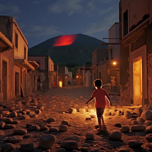 It’s night. A volcano is erupting in the background with a red light. In the foreground a little boy is playing with a ball in a stone street of the destroyed city of Pompei. On the right In the villas the opaque light of the rooms barely penetrates through the small alabaster slabs, illuminated by a few lamps that allow us to discover the mysterious myths and faces of the ancient Latins. statues of ancient latins in the street. create an hyperealistic picture