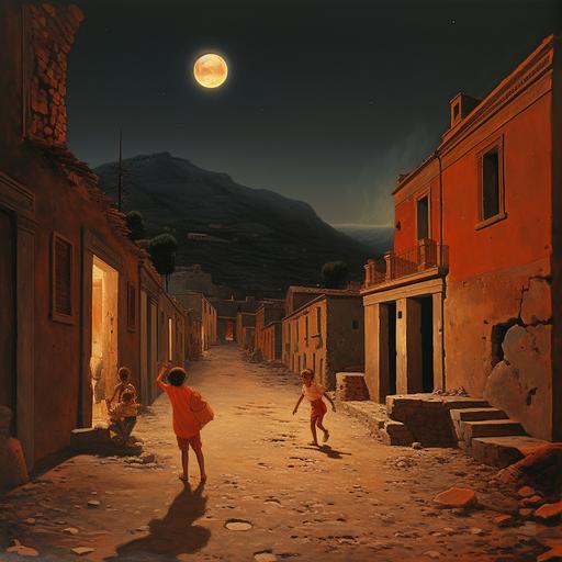 It’s night. The sky is red and orange. A volcano is erupting in the background with a red light. In the foreground only a little boy is playing with a ball in a stone street of the destroyed city of Pompei. On the right In the villas the opaque light of the rooms barely penetrates through the small alabaster slabs, illuminated by a few lamps that allow us to discover the mysterious myths and faces of the ancient Latins. statues of ancient latins in the street. create a realistic picture