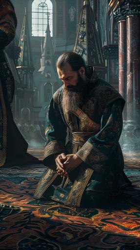 Ivan the Terrible, kneeling in penance before a towering cathedral, his hands clasped in prayer as he seeks absolution for his sins, his heart heavy with remorse for the atrocities committed in the name of power and dominion. hyper-realistic illustration, 4k ultra hd, cinematic, photo realism, cinematography. --ar 9:16