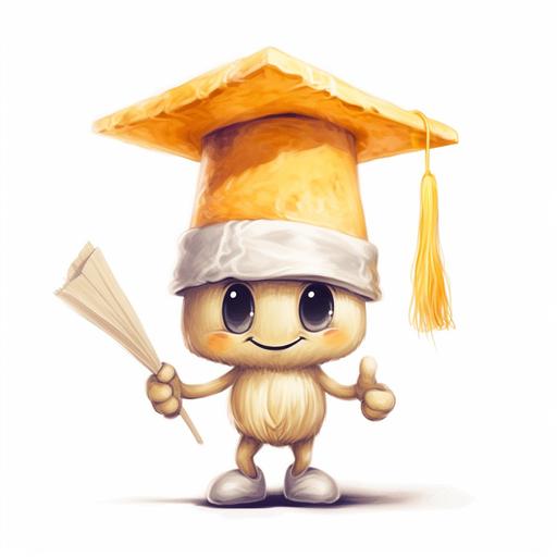 drawn magic mushroom cartoon character with graduation hat, white background
