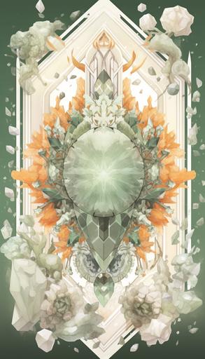 A tarot card design, flat vertical card, on a transparent background, an ornamental light-silver border, reflective in the light, symbolism of wind and the symbol for air, in the centre are stilbite crystals, apophyllite crystals, quartz crystal in the style of very pale green and very pale orange, pale-orange gemstones, geode of pale green crystals, organic shape, high-energy imagery, raw energy, metallic rotation, centred, backlight, enchanting, stunning, spectacular, intricate, realistic hyper - detailed rendering, global illumination, glowing, centred, rich colours, bright, shining, 32k, 8k, --ar 4:7