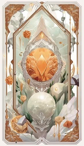 A tarot card design, flat vertical card, on a white transparent background, an ornamental detailed metallic border, reflective in the light, symbolism of wind, the classical symbol for the air element, in the centre are stilbite crystals and apophyllite crystals, quartz crystal in the style of very pale green and very pale orange, pale-orange gemstones, geode of pale green crystals, a white rose, simple arrangement in the centre, organic shape, high-energy imagery, raw energy, metallic rotation, centred, backlight, enchanting, stunning, spectacular, intricate, realistic hyper-detailed rendering, global illumination, glowing, deep rich colours, bright, shining, 32k, 8k, --ar 4:7