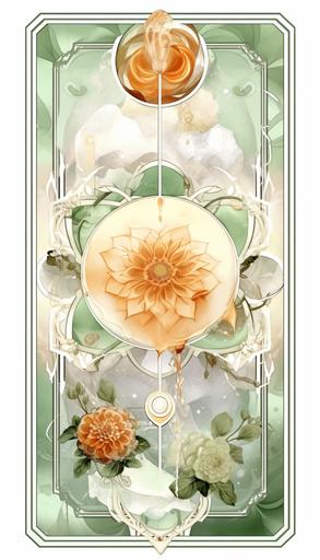 A tarot card design, flat vertical card, on a white transparent background, an ornamental detailed metallic border, reflective in the light, symbolism of wind, the classical symbol for the air element, in the centre are stilbite crystals and apophyllite crystals, quartz crystal in the style of very pale green and very pale orange, pale-orange gemstones, geode of pale green crystals, a white rose, simple arrangement in the centre, organic shape, high-energy imagery, raw energy, metallic rotation, centred, backlight, enchanting, stunning, spectacular, intricate, realistic hyper-detailed rendering, global illumination, glowing, deep rich colours, bright, shining, 32k, 8k, --ar 4:7