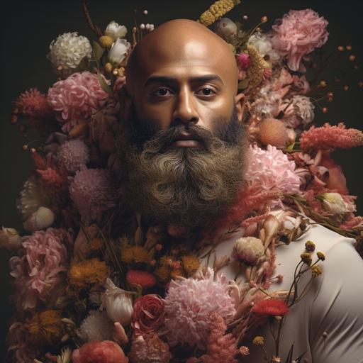 a bald Dominican man with a big beard mad of flowers