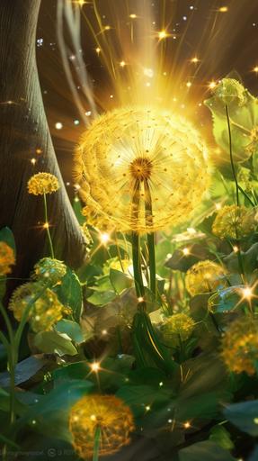 a vortex of glorious yellow sunlight and magical stars, swirling around in the vortex are bright green leaves and bright yellow dandelions flowers, dynamic shot, you can see natural raw crystals of citrine and golden topaz really clearly, in the background are bright sun rays beaming, different shares colours of yellow and gold, balanced colour toning, global illumination, 3d colour shading, intricate detail, sharp clarity, 32k, 8k, --ar 9:16