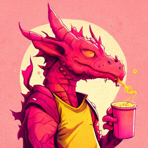Anthropromorphic Red dragon wearing pink sweatshirt winking and drinking boba, bright yellow background, comic book artstyle