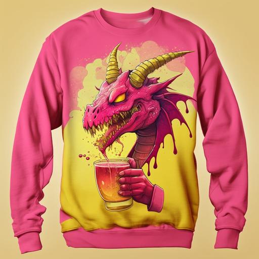 Anthropromorphic Red dragon wearing pink sweatshirt winking and drinking boba, bright yellow background, comic book artstyle