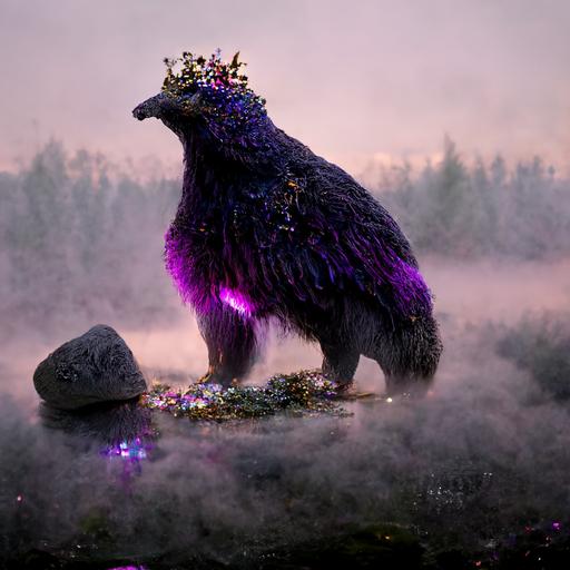 a royal creature half bird half bear with a crown on a rock with beautiful shiny feathers, purple mist in the background, in the forest, beautiful, magical, mysterious, elegant, intricate ornate detail, octane render, 8k, HD