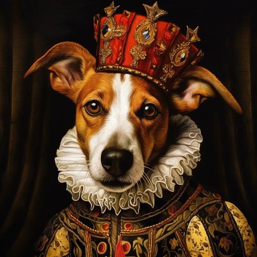 Jack Russell-jester hybrid, where the face retains its dog qualities. The body is that of a medieval court jester, wearing clothes appropriate for a jester and a jester hat. The hat should have three floppy points and bells on the end. Theimage's background should be a medieval king's royal courtg. The style of the image should be that of an oil painting