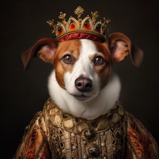 Jack Russell-jester hybrid, where the face retains its dog qualities. The body is that of a medieval court jester, wearing clothes appropriate for a jester and a jester hat. The hat should have three floppy points and bells on the end. Theimage's background should be a medieval king's royal courtg. The style of the image should be that of an oil painting