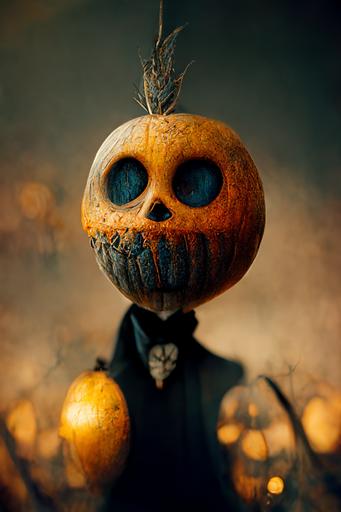 Jack the Pumpkin King, pinstripe suite, fantasy, black and orange lighting, volumetric light, balanced composition, detailed textures, intricate details, 8k, unreal engin, hyper realistic, octane render, cinematic --ar 2:3