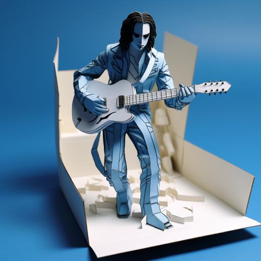 Jack white as a 3d action figure in the box, inside the box is a guitar, red tee shirt, a blue tee shirt.