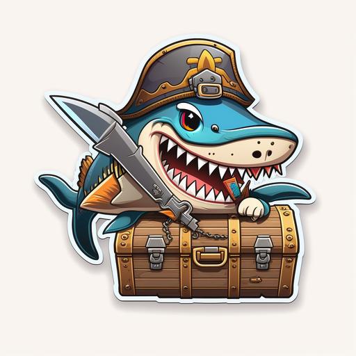 pirate shark with treasure chest and sword, cartoon style, sticker, white background