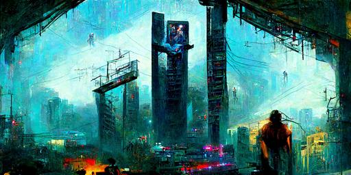 Jacob's ladder in the cyberpunk downtown Santiago of Chile, art by Greg Rutkowski --w 512