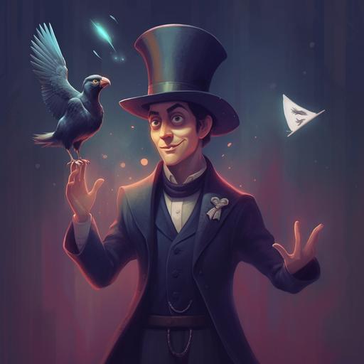 a magician wearing fancy dark costume, performing tricks, pixar inspired cartoon picture, bringing pigeon out of his hat, in his other hand there is a magic wand