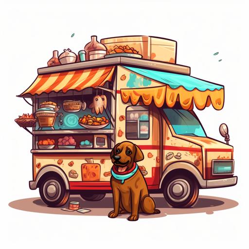 cartoon Indian food truck. dog eating burger outside. White background