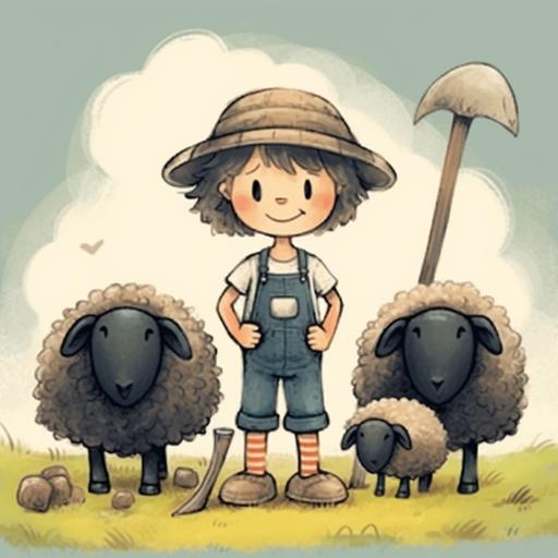 rhy,me stlye illustration, oil painting style, baba black sheep poem, cartoon image for kids rhyme book. a shephered boy standing beside the vava black sheep, wearing a beige farm hat with a saw inhis hand, there are three sacks of black wool of the sheep full.