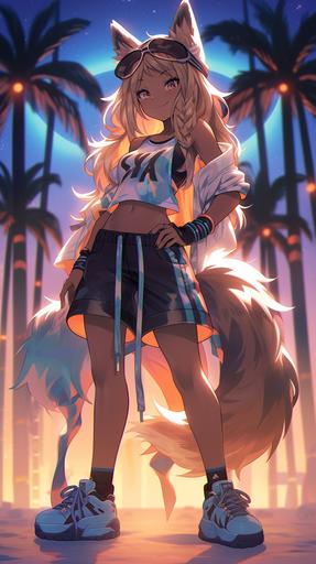 Jamaican kemonomimi female LED glow poi dancer with fluffy ears, glassy eyes, heavy eyelids, big tattoo of a kemonomimi, LED sneakers, and shorts vaping THC by the beach at night --ar 9:16 --niji 5 --s 750