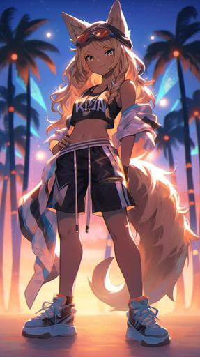 Jamaican kemonomimi female LED glow poi dancer with fluffy ears, glassy eyes, heavy eyelids, big tattoo of a kemonomimi, LED sneakers, and shorts vaping THC by the beach at night --ar 9:16 --niji 5 --s 750