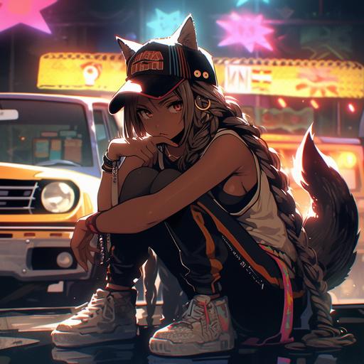 Jamaican kemonomimi female LED glow poi dancer with fluffy ears, glassy eyes, heavy eyelids, colorful tattoos, LED sneakers, and shorts vaping THC next to her lowrider car at night in a parking lot --niji 5 --s 750
