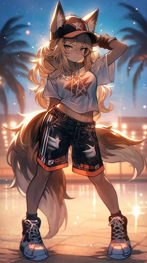 Jamaican kemonomimi female LED glow poi dancer with fluffy ears, glassy eyes, heavy eyelids, colorful tattoo of a kemonomimi, LED sneakers, and shorts vaping THC by the beach at night --ar 9:16 --niji 5 --s 750