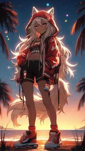 Jamaican kemonomimi female LED glow poi dancer with fluffy ears, glassy eyes, heavy eyelids, colorful tattoo of a kemonomimi, LED sneakers, and shorts vaping THC by the beach at night --ar 9:16 --niji 5 --s 750