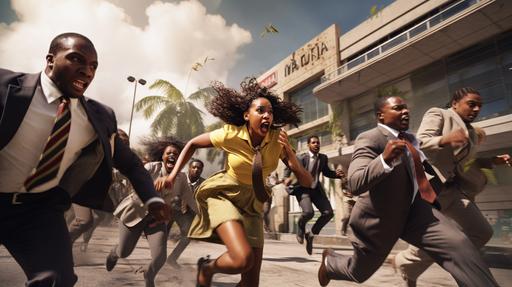 Jamaican men and women dressed in business attire running from a shaking 3 storey corporate building due to an earthquake, ultra realistic --ar 16:9