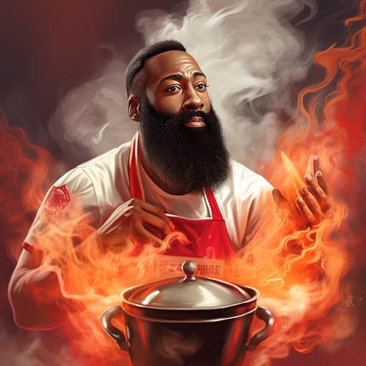 James Harden in a red and white chef's outfit licking his lips as he leans over a steaming pot of soup he's stirring, cartoon style