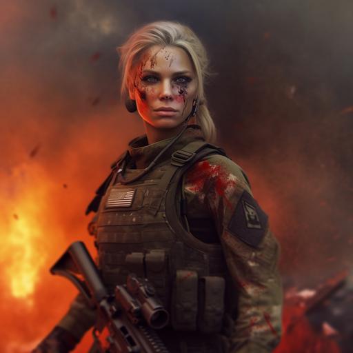 a beautiful blonde woman, special forces uniform, full body, very attractive, blood drops on her face , smoke , highly detailed, photorealistic, --q 2