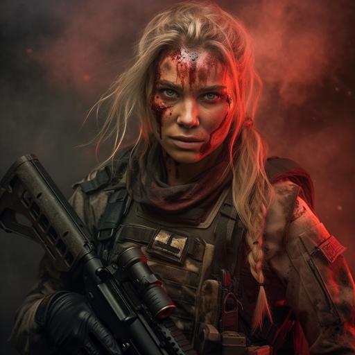 a beautiful blonde woman, special forces uniform, full body, very attractive, blood drops on her face , smoke , highly detailed, photorealistic, 4k --q 2