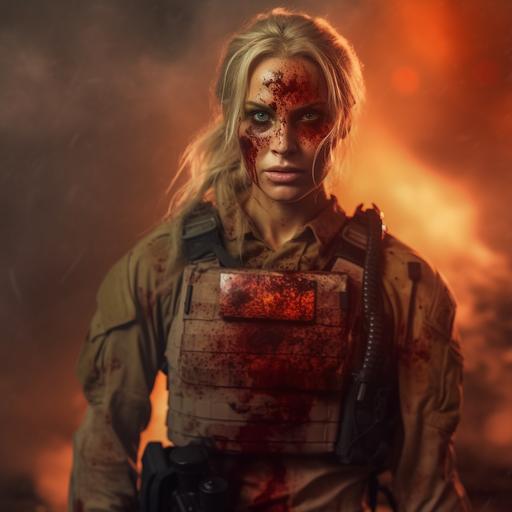 a beautiful blonde woman, special forces uniform, full body, very attractive, blood drops on her face , smoke , highly detailed, photorealistic, 4k --q 2