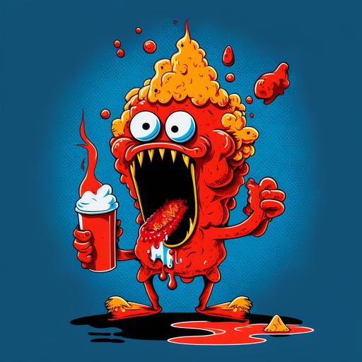 a chicken nugget monster spitting ketchup, cartoon style, high contrast, funny