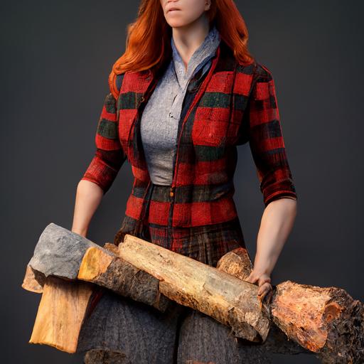 Jane Hathaway in a lumberjack outfit chopping wood full body image, octane render, hyper realistic, photorealistic image, extreme detail, extreme clarity, 8K --s 1250