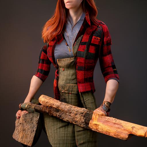 Jane Hathaway in a lumberjack outfit chopping wood full body image, octane render, hyper realistic, photorealistic image, extreme detail, extreme clarity, 8K --s 1250