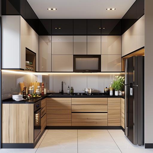 Japandi-style kitchen cabinets in dominant tones of white, black, and beige, wide-angle view, with a refrigerator and sink.