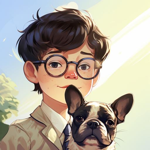 Japanese 13 years old boy with glasses, suntanned, and French bulldog, pide, cartoon style