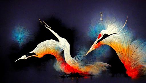 Japanese Crane Art , Cranes flying at night, Ethereal Lighting, Volumetric Lighting, Vibrant Colors, --ar 16:9
